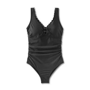 M(8/10) Black Women's Grommet Scallop Full Coverage One Piece Swimsuit, Kona Sol